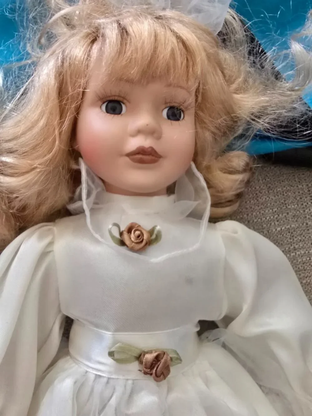 Porcelain Doll with White Dress and purse EUC